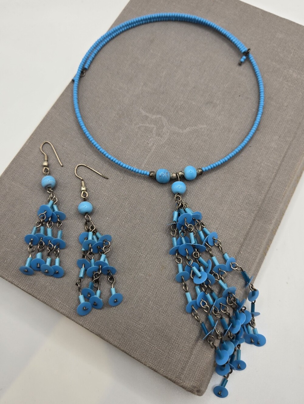 Y2k 90s Torque Choker Necklace Beaded Beachy Boho Mermaid Resort Blue